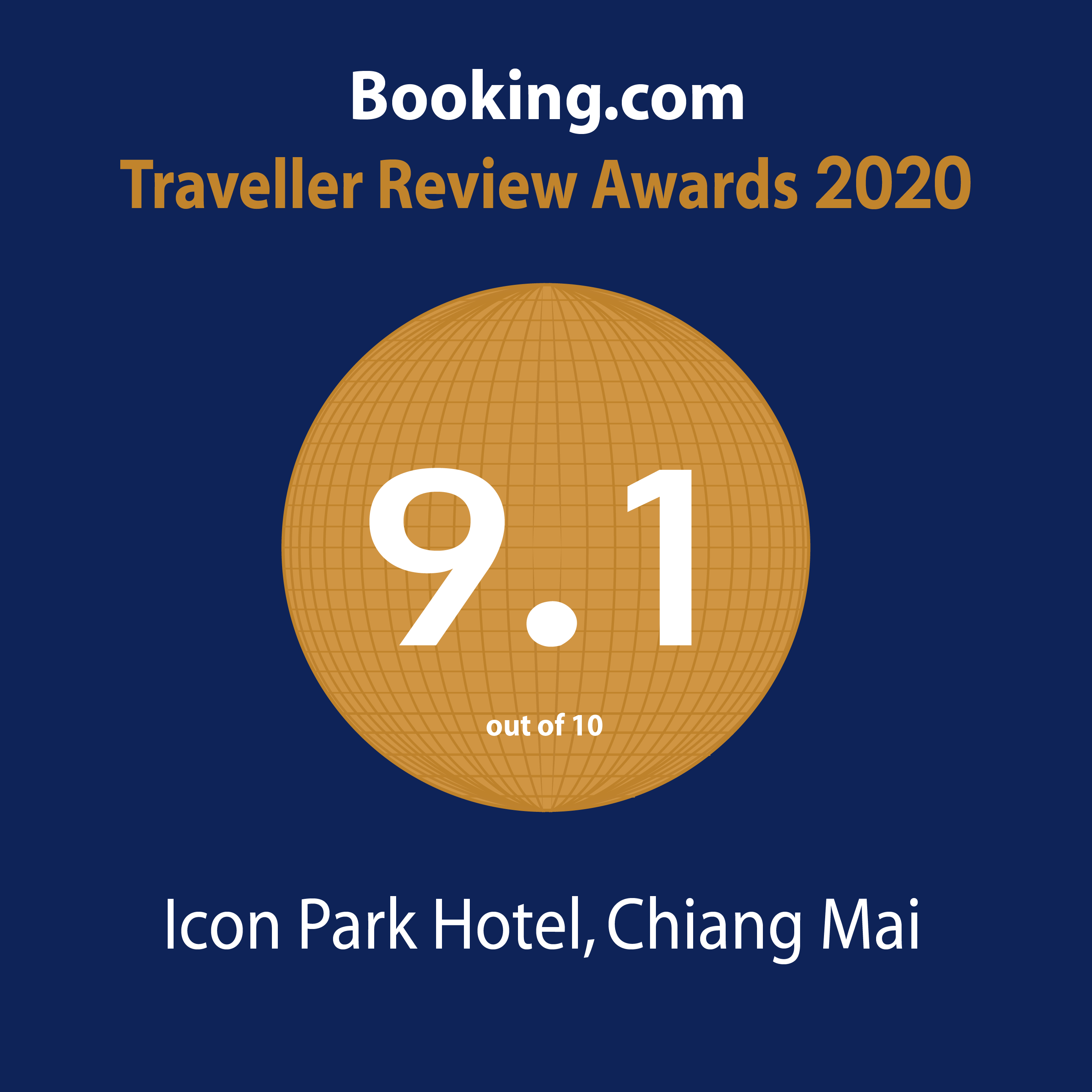 Top-rated award on Booking.com highlighting a quiet night's sleep and 4-star serenity at Icon Park.